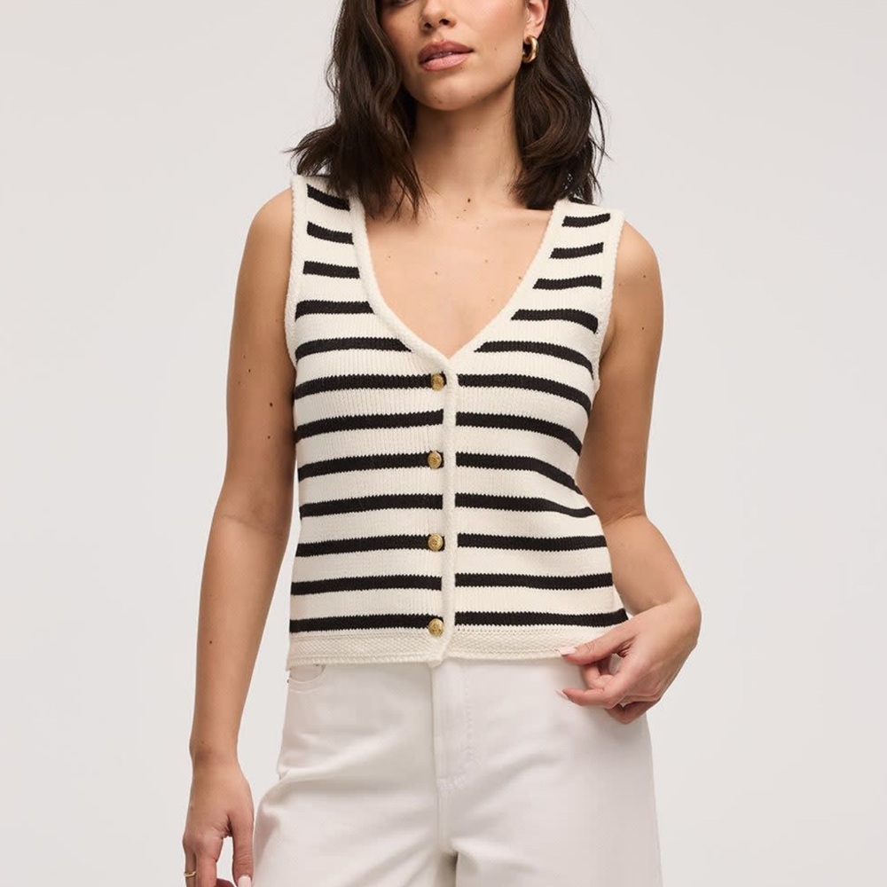 Elegant Black and Cream Striped V-Neck Sweater